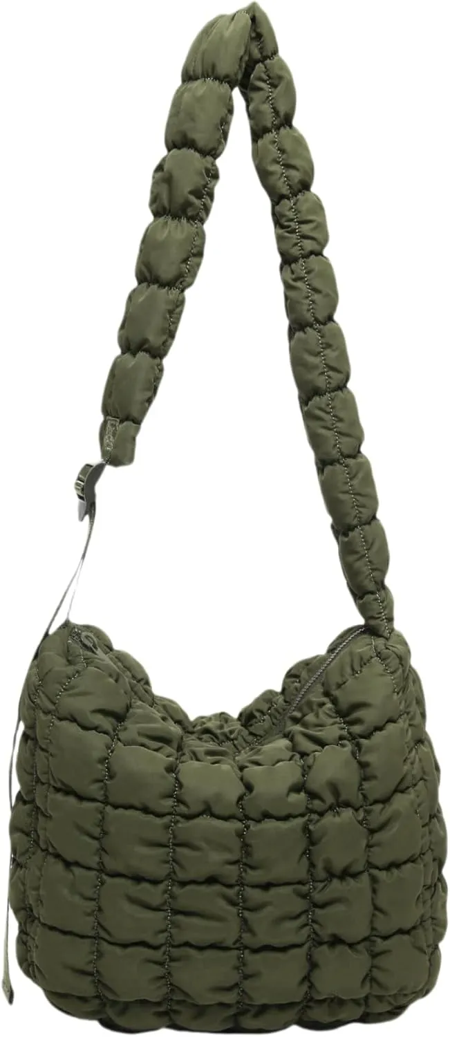 Quilted Nylon Shoulder Crossbody Bag Women Tote Hobos Handbags Puffy Padded Purse Lightweight with Adjustable Shoulder Strap