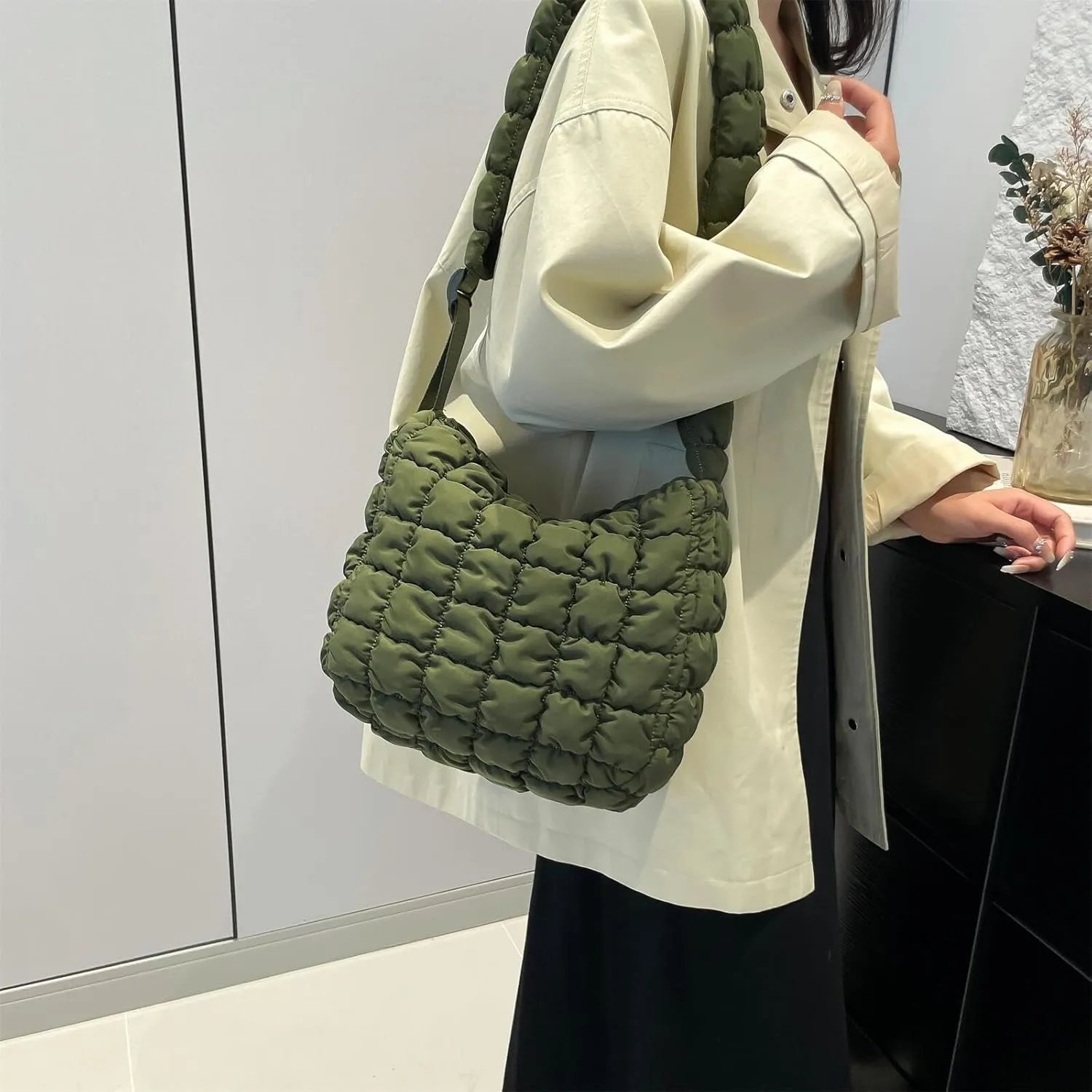 Quilted Nylon Shoulder Crossbody Bag Women Tote Hobos Handbags Puffy Padded Purse Lightweight with Adjustable Shoulder Strap