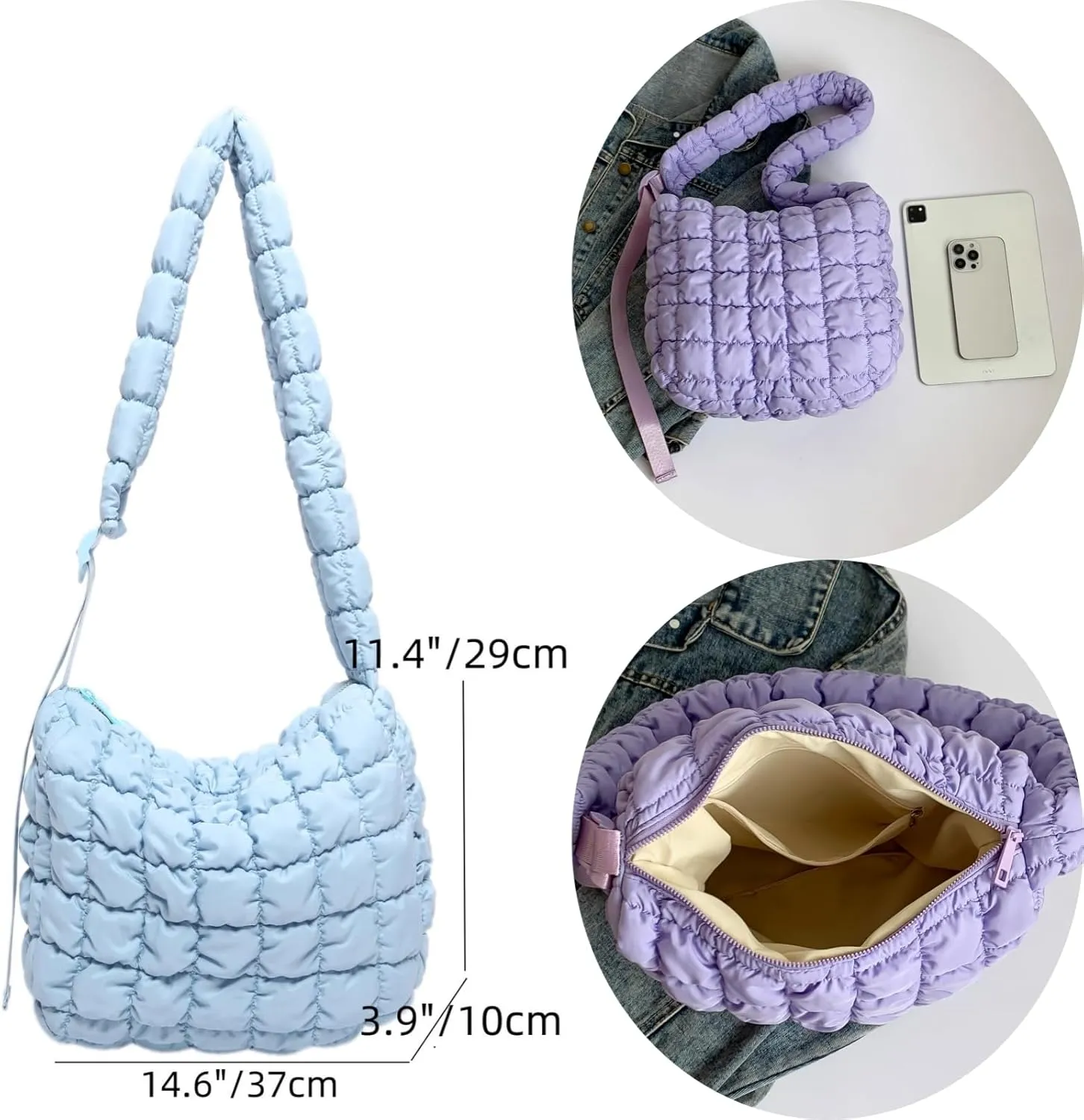 Quilted Nylon Shoulder Crossbody Bag Women Tote Hobos Handbags Puffy Padded Purse Lightweight with Adjustable Shoulder Strap