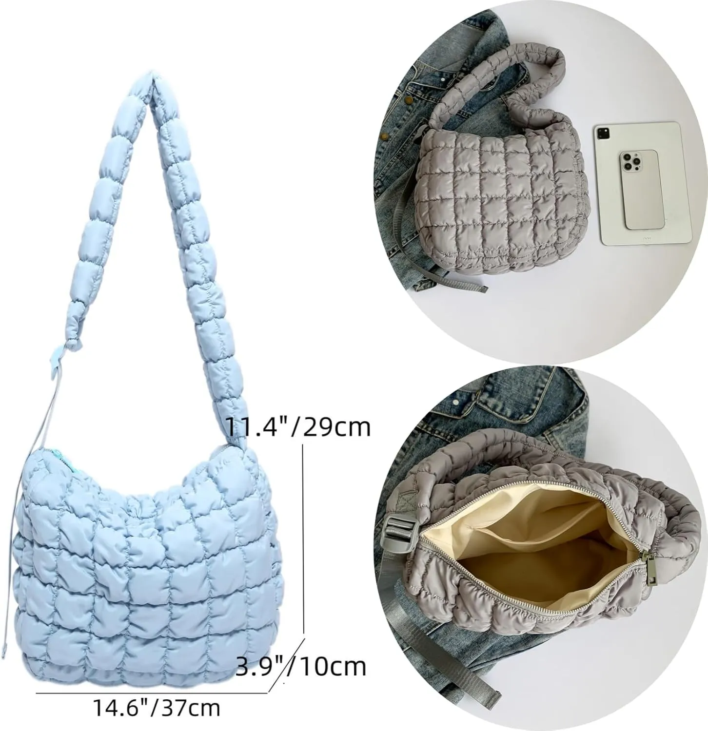 Quilted Nylon Shoulder Crossbody Bag Women Tote Hobos Handbags Puffy Padded Purse Lightweight with Adjustable Shoulder Strap