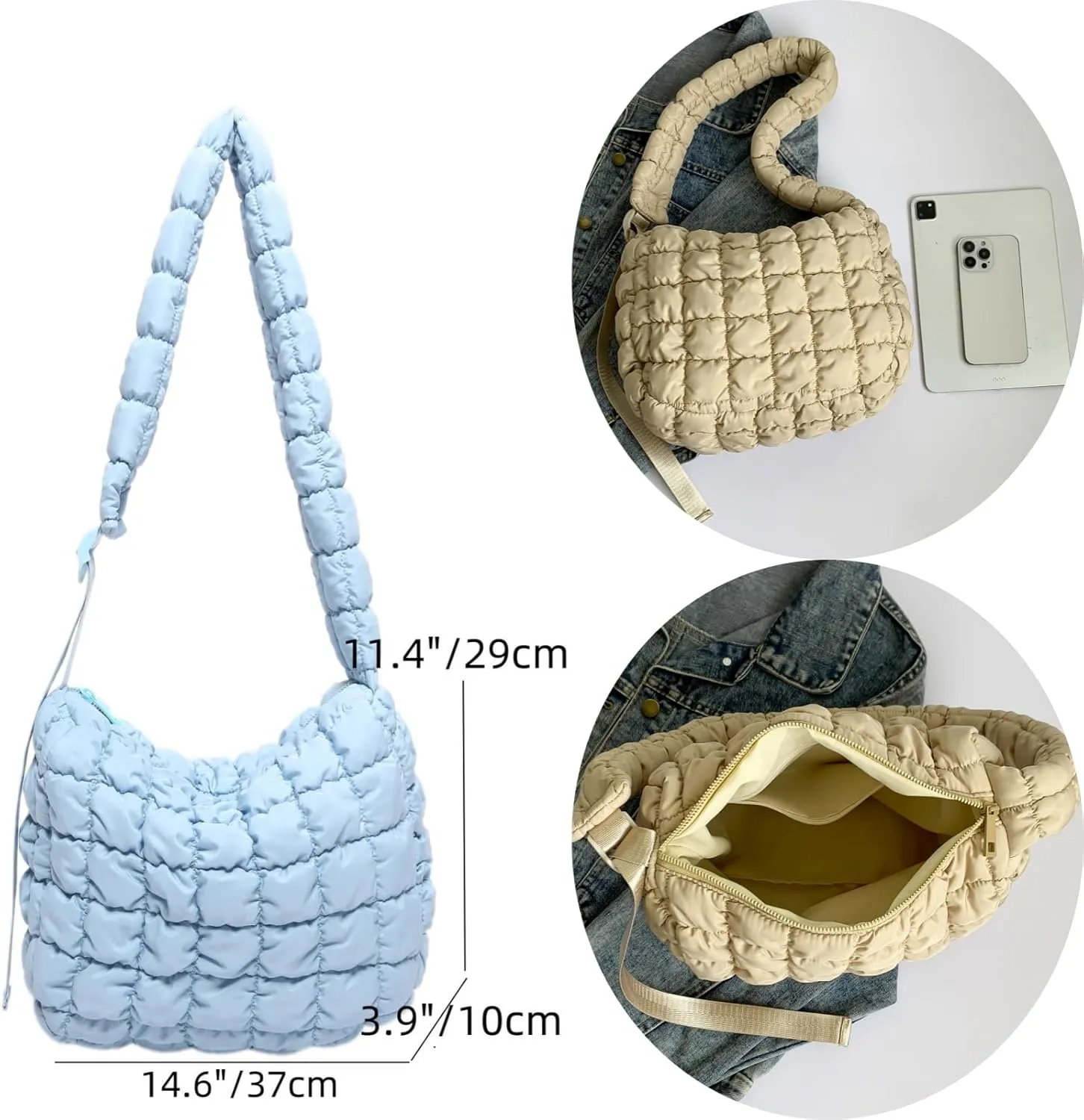 Quilted Nylon Shoulder Crossbody Bag Women Tote Hobos Handbags Puffy Padded Purse Lightweight with Adjustable Shoulder Strap