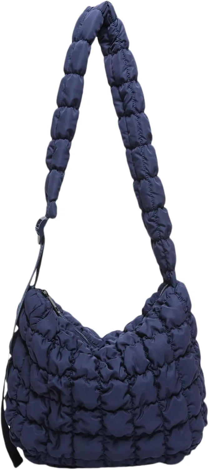 Quilted Nylon Shoulder Crossbody Bag Women Tote Hobos Handbags Puffy Padded Purse Lightweight with Adjustable Shoulder Strap