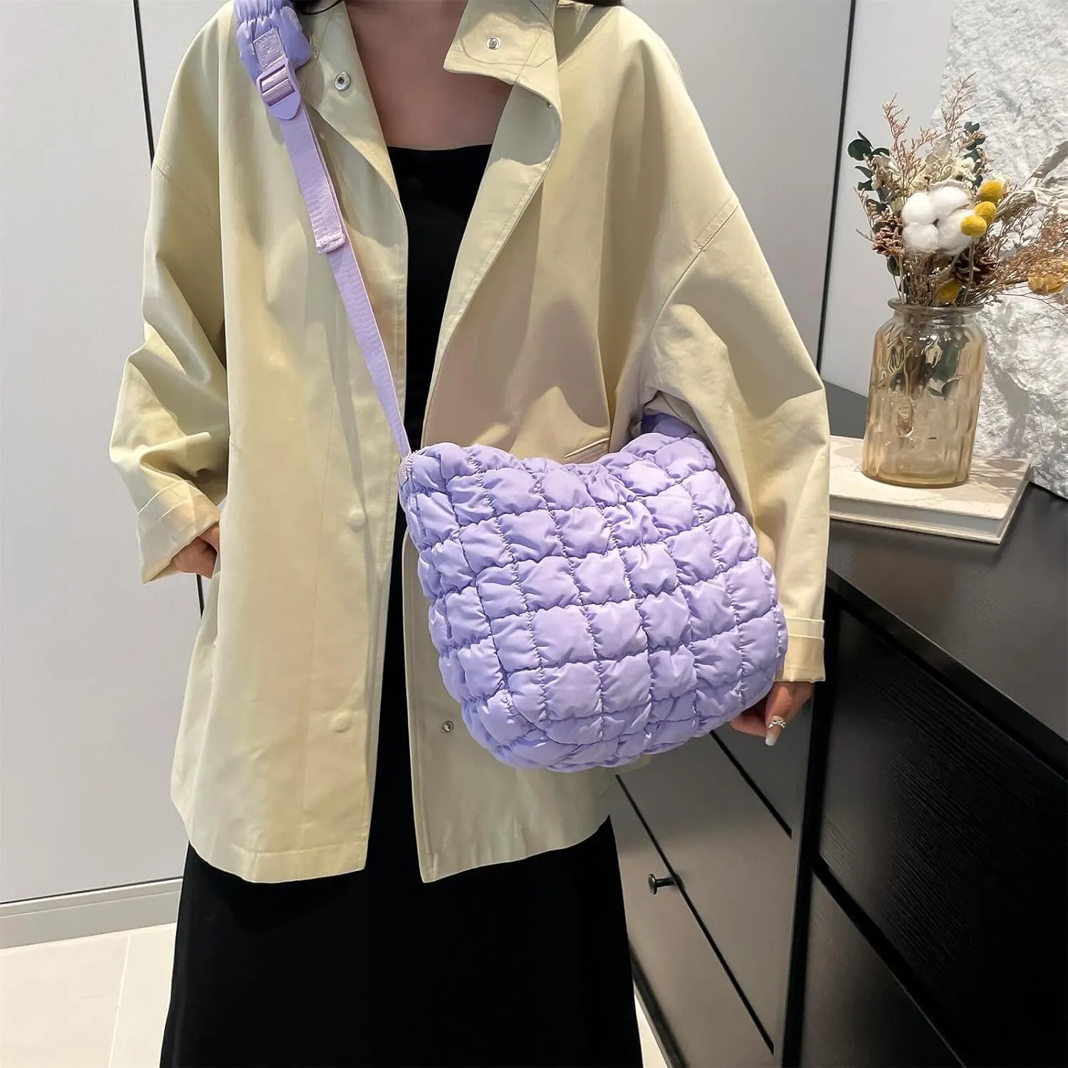 Quilted Nylon Shoulder Crossbody Bag Women Tote Hobos Handbags Puffy Padded Purse Lightweight with Adjustable Shoulder Strap