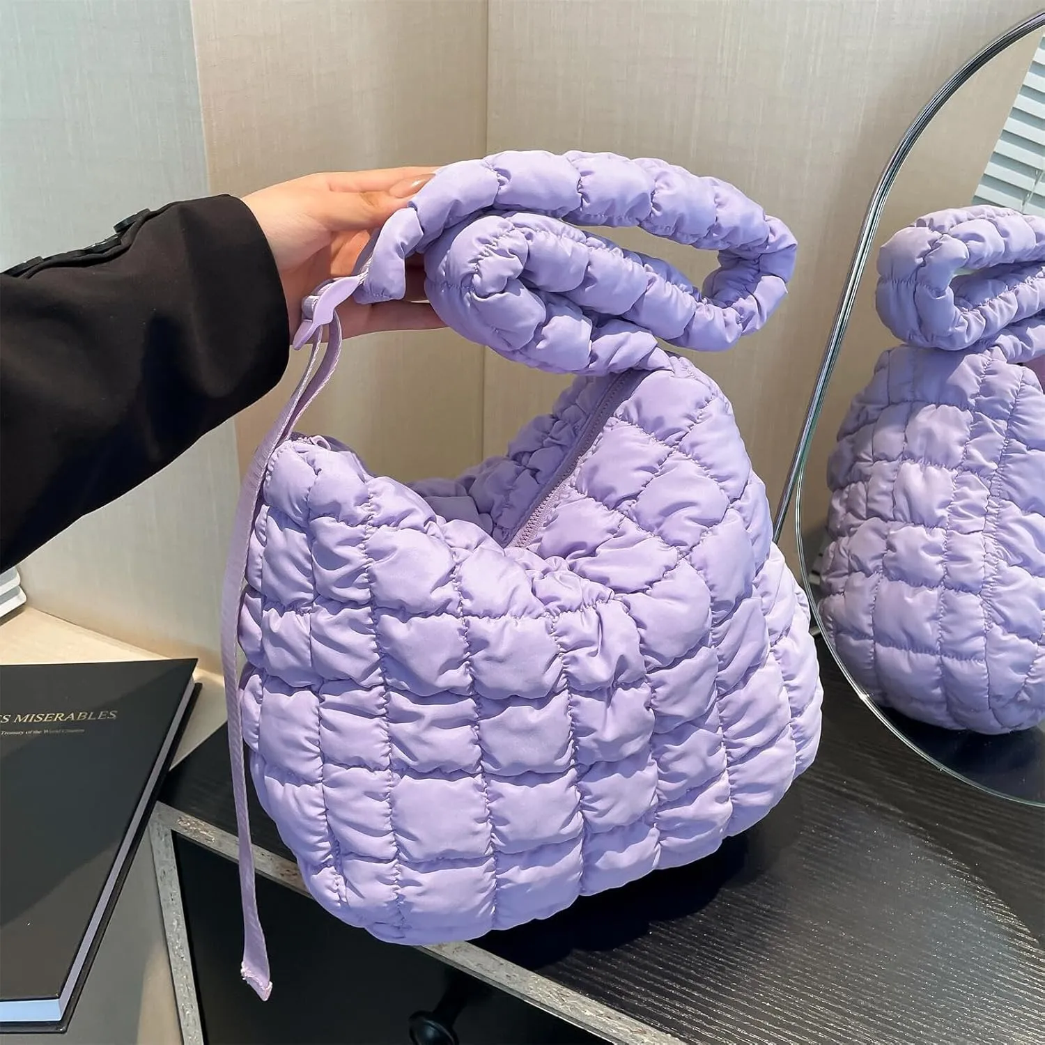 Quilted Nylon Shoulder Crossbody Bag Women Tote Hobos Handbags Puffy Padded Purse Lightweight with Adjustable Shoulder Strap