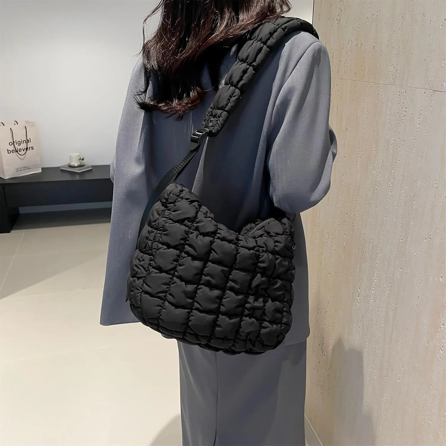 Quilted Nylon Shoulder Crossbody Bag Women Tote Hobos Handbags Puffy Padded Purse Lightweight with Adjustable Shoulder Strap