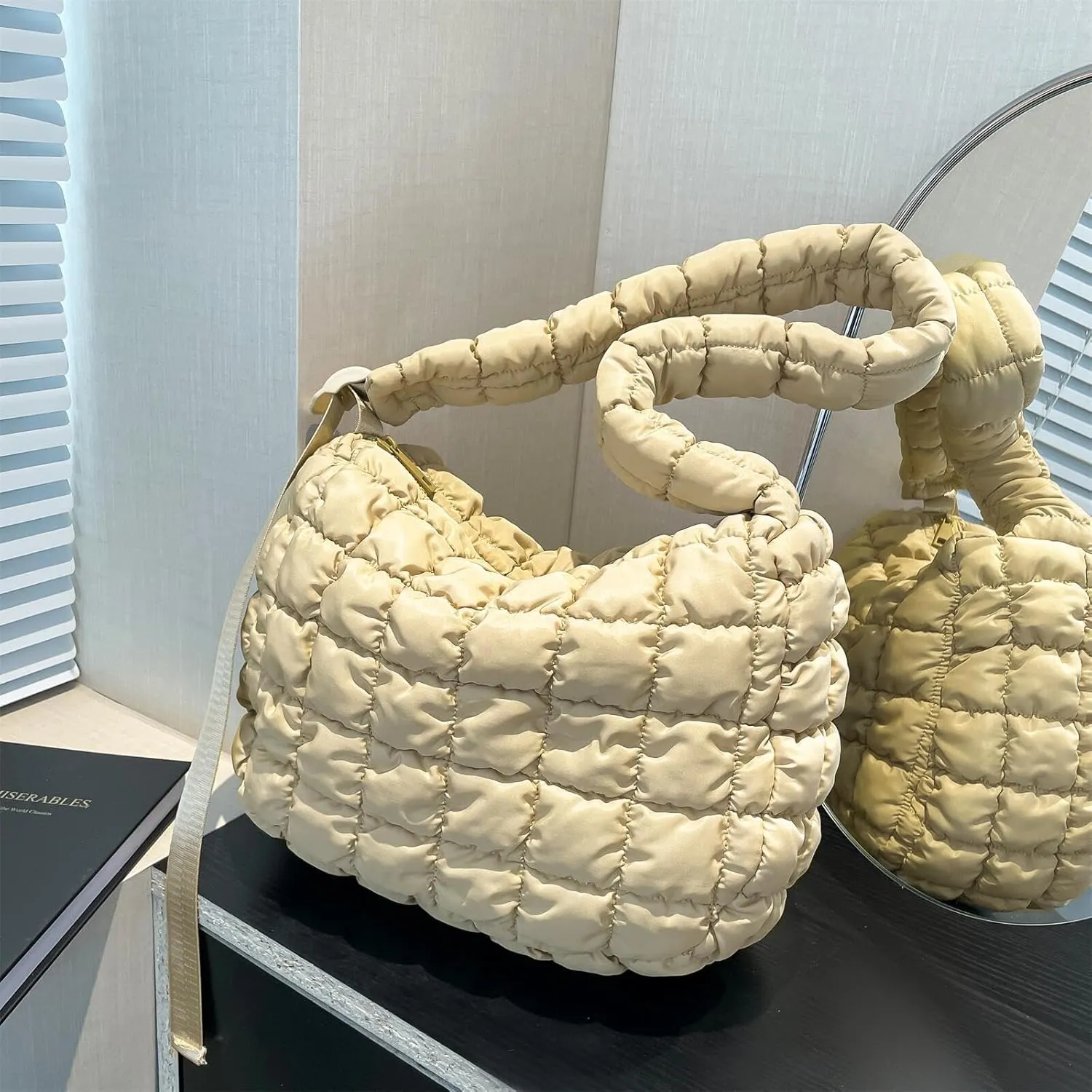 Quilted Nylon Shoulder Crossbody Bag Women Tote Hobos Handbags Puffy Padded Purse Lightweight with Adjustable Shoulder Strap