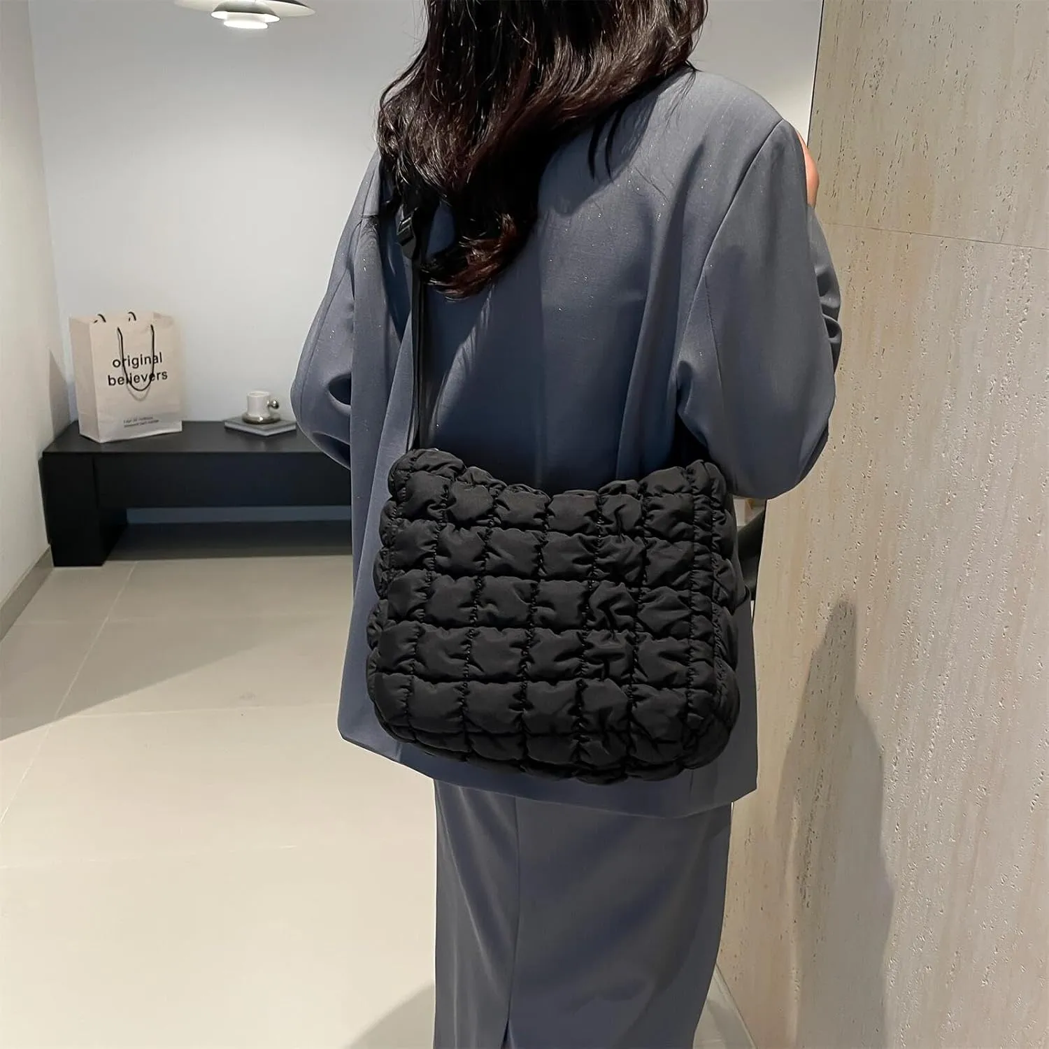 Quilted Nylon Shoulder Crossbody Bag Women Tote Hobos Handbags Puffy Padded Purse Lightweight with Adjustable Shoulder Strap