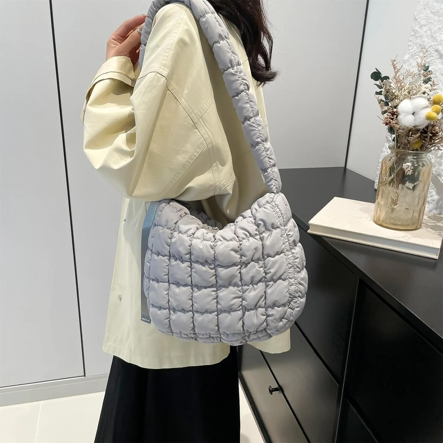 Quilted Nylon Shoulder Crossbody Bag Women Tote Hobos Handbags Puffy Padded Purse Lightweight with Adjustable Shoulder Strap