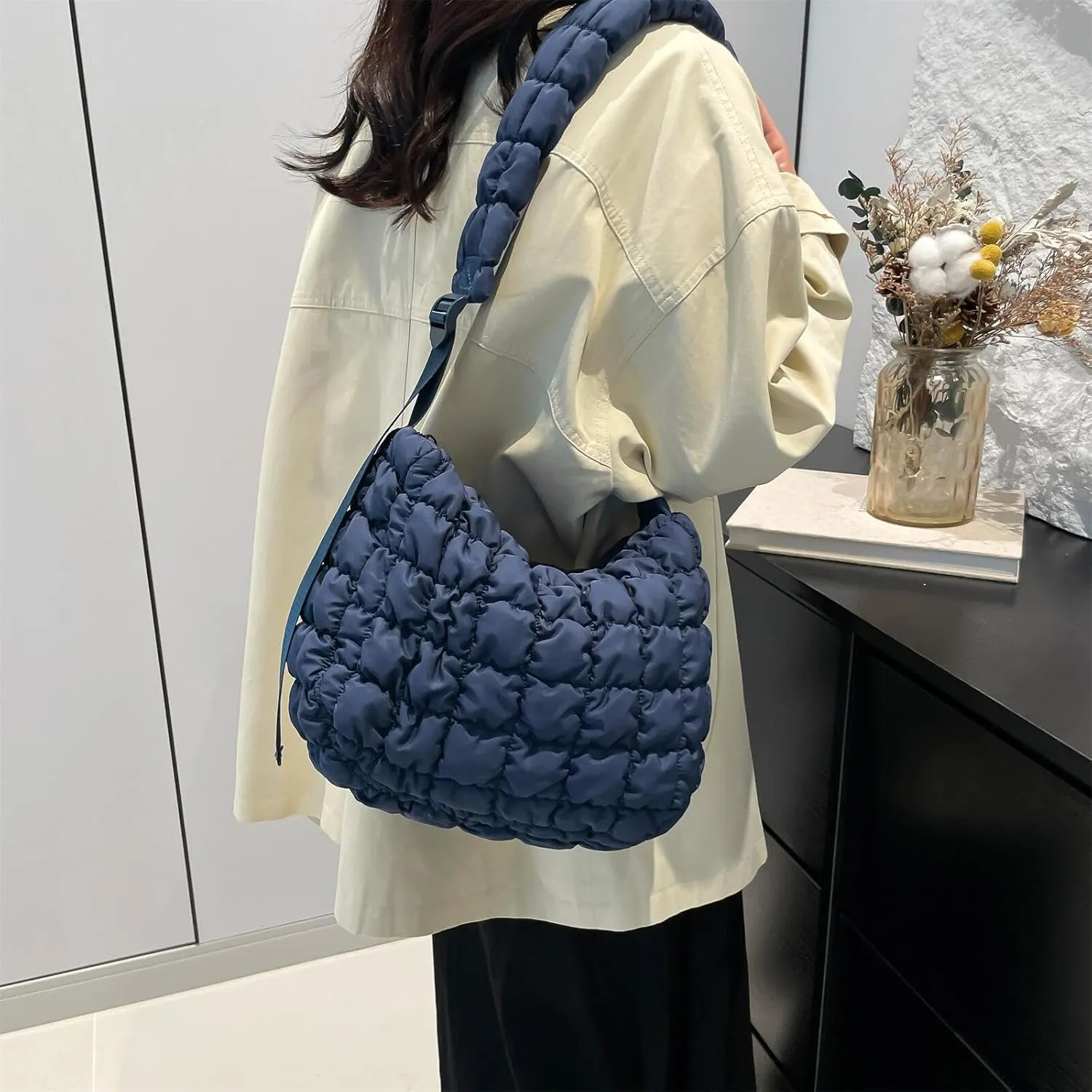 Quilted Nylon Shoulder Crossbody Bag Women Tote Hobos Handbags Puffy Padded Purse Lightweight with Adjustable Shoulder Strap