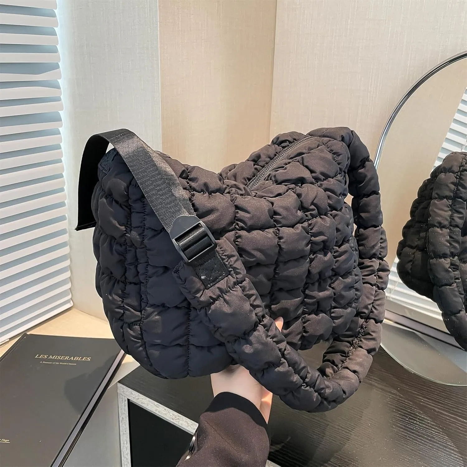Quilted Nylon Shoulder Crossbody Bag Women Tote Hobos Handbags Puffy Padded Purse Lightweight with Adjustable Shoulder Strap