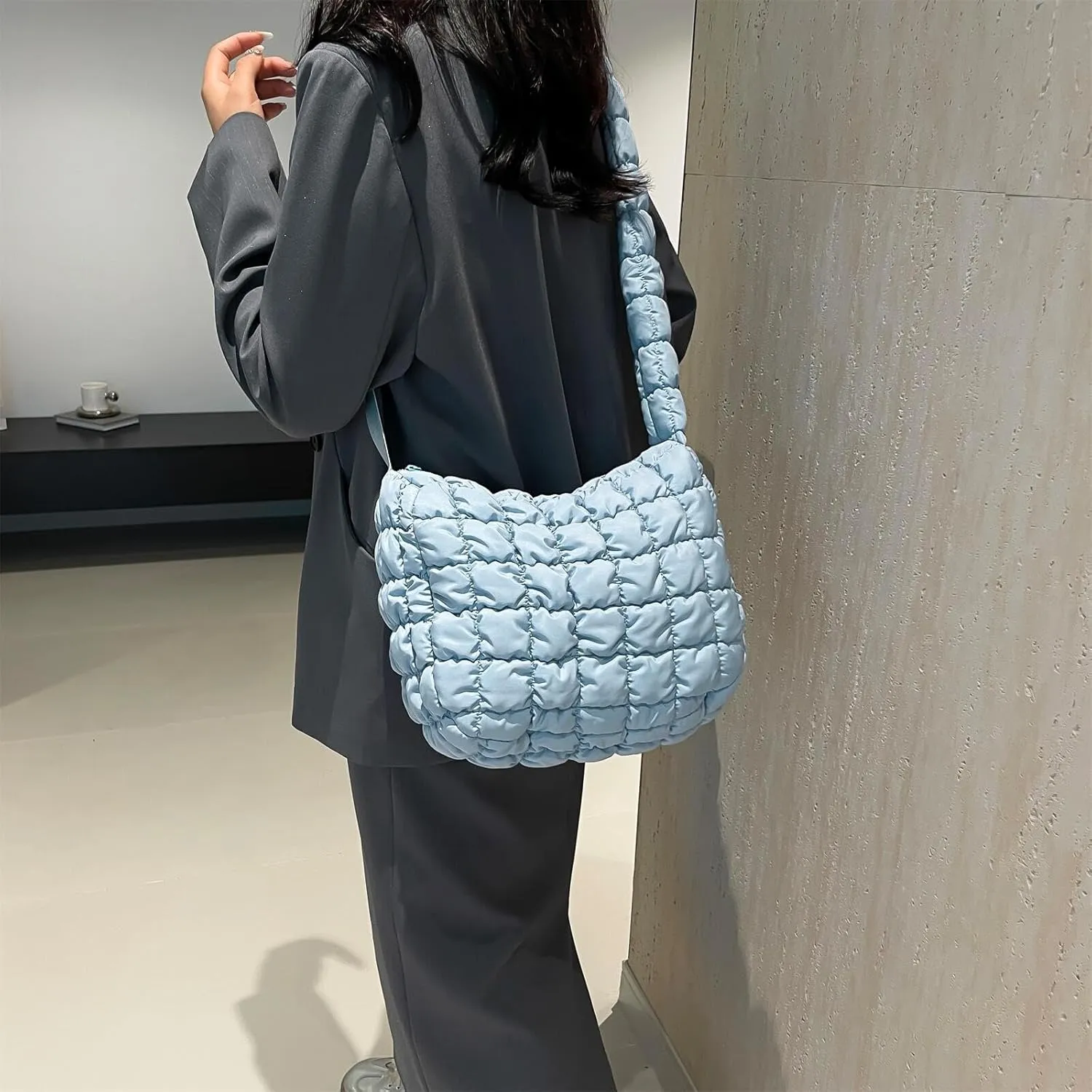 Quilted Nylon Shoulder Crossbody Bag Women Tote Hobos Handbags Puffy Padded Purse Lightweight with Adjustable Shoulder Strap