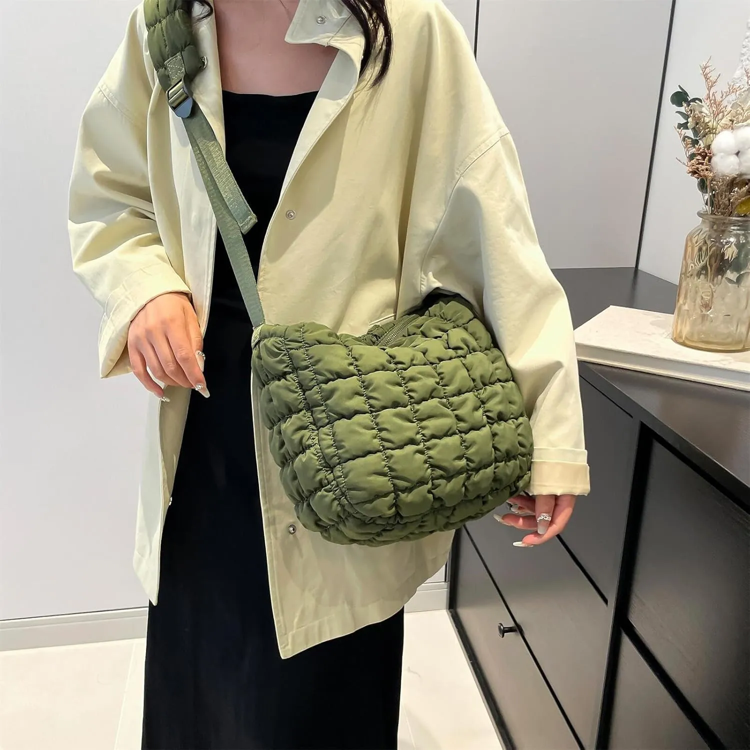 Quilted Nylon Shoulder Crossbody Bag Women Tote Hobos Handbags Puffy Padded Purse Lightweight with Adjustable Shoulder Strap