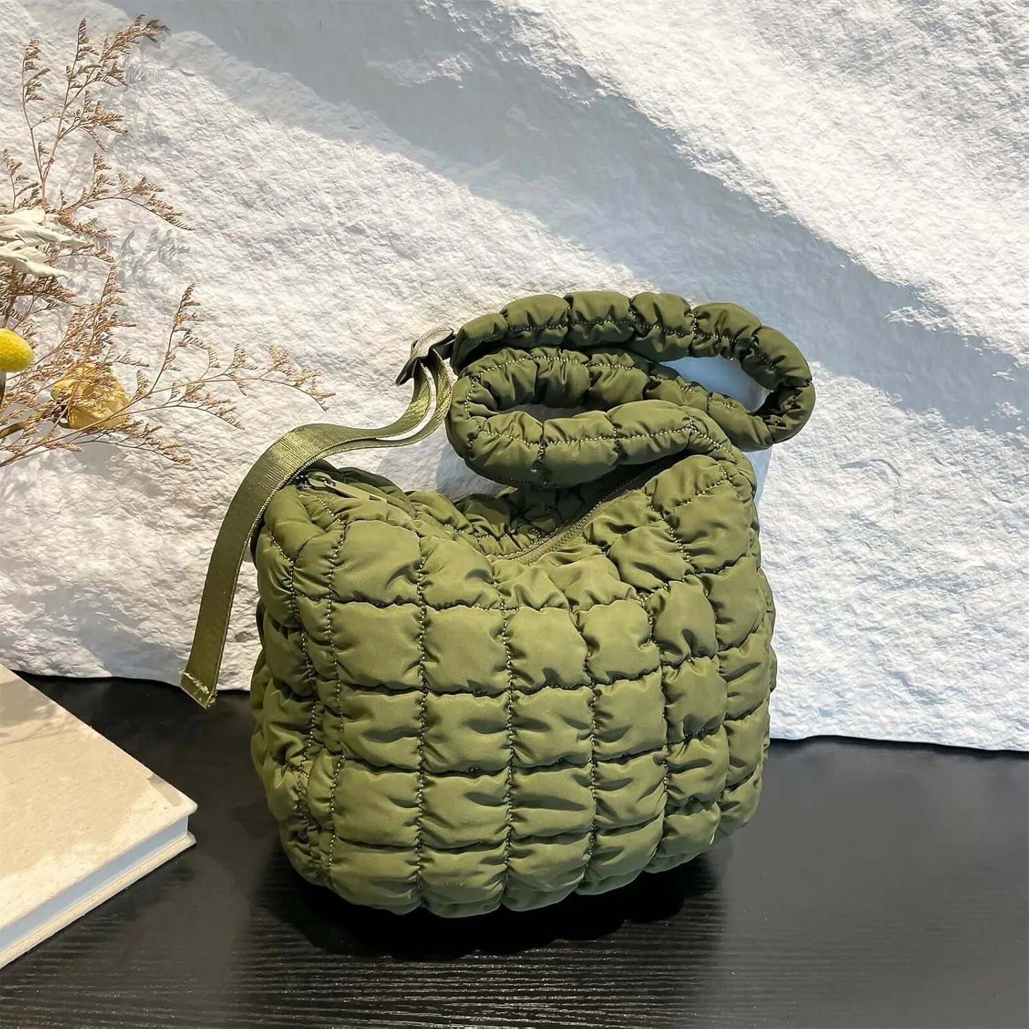 Quilted Nylon Shoulder Crossbody Bag Women Tote Hobos Handbags Puffy Padded Purse Lightweight with Adjustable Shoulder Strap