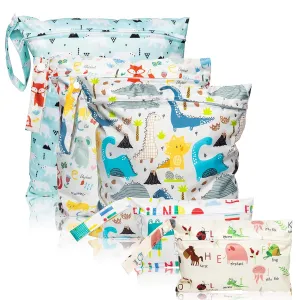 R HORSE 5Pcs Waterproof Reusable Diaper Baby Cloth Wet Dry Bags with 2 Zippered Pockets Travel Beach Pool Bag with Polar Bear Dinosaur Animal Alphabet Crocodile Pattern (3 Sizes)