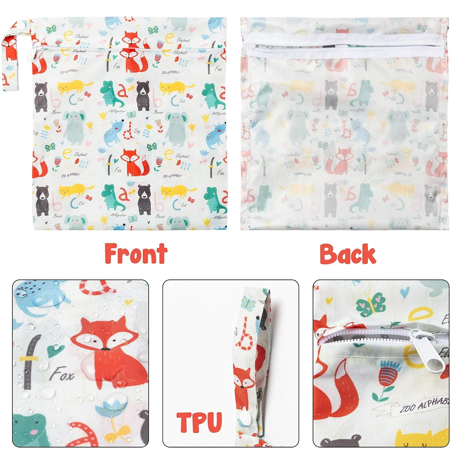 R HORSE 5Pcs Waterproof Reusable Diaper Baby Cloth Wet Dry Bags with 2 Zippered Pockets Travel Beach Pool Bag with Polar Bear Dinosaur Animal Alphabet Crocodile Pattern (3 Sizes)