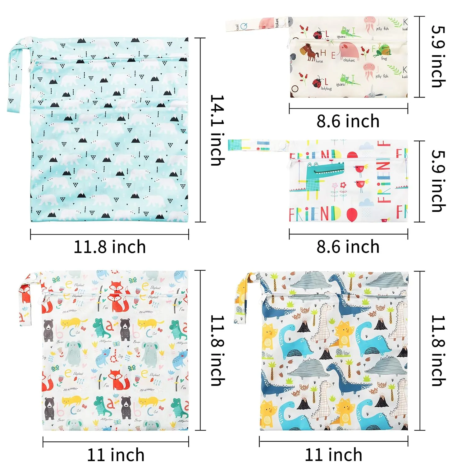 R HORSE 5Pcs Waterproof Reusable Diaper Baby Cloth Wet Dry Bags with 2 Zippered Pockets Travel Beach Pool Bag with Polar Bear Dinosaur Animal Alphabet Crocodile Pattern (3 Sizes)