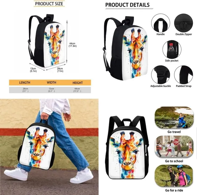Rainbow Giraffe Splash Backpack for Elementary Vivid Giraffe Watercolor Painting School Book Bag with Lunch Box Pencil Case Back to School Backpacks for Teens
