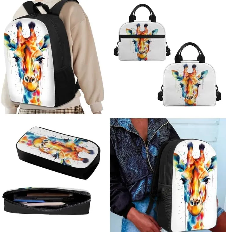 Rainbow Giraffe Splash Backpack for Elementary Vivid Giraffe Watercolor Painting School Book Bag with Lunch Box Pencil Case Back to School Backpacks for Teens