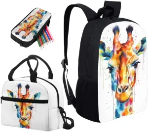 Rainbow Giraffe Splash Backpack for Elementary Vivid Giraffe Watercolor Painting School Book Bag with Lunch Box Pencil Case Back to School Backpacks for Teens