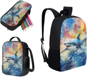 Rainbow Splash Shark Book Bags for School Girls Backpack Set Shark Watercolor Painting 3 PCS Lunchbox Small Lunch Bag/Teenager Pencil Case Kids