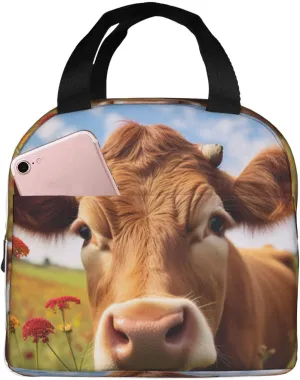 Red Flower Show Steer Cows Cattle print Lunch Bag, Food Handbags Case, Leakproof Insulated, for Work/Picnic/Beach/Travel