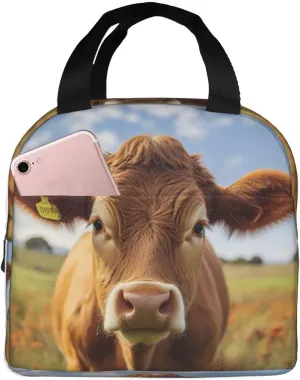 Red Flower Show Steer Cows Cattle print Lunch Bag, Food Handbags Case, Leakproof Insulated, for Work/Picnic/Beach/Travel