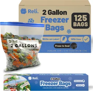 Reli. 2 Gallon Freezer Bags (125 Count) 13x15 inch Freezer Bags 2 Gallon Jumbo | Double Zipper, Press to Seal, Write on Label | 2Gal Food Storage | Bulk, Extra Large, Clear
