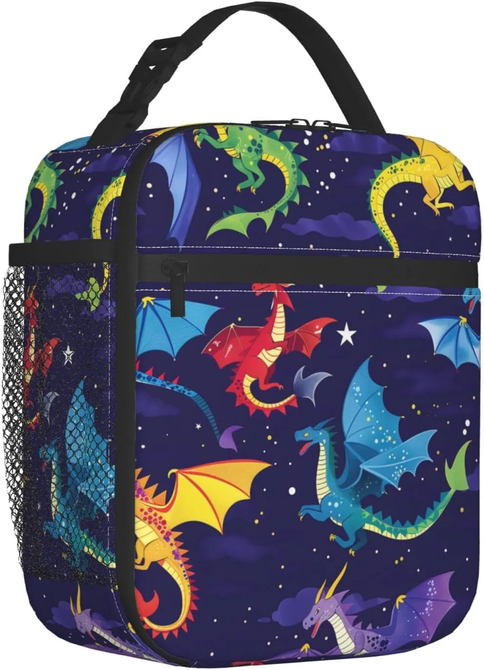Reusable Dragon Lunch Box for Kids Girls Boys Women Adult, Insulated Night Sky Lunch Bag,Polyester Cooler Handbags Case for School Picnic Work Travel Beach or Hiking (Dark Blue)