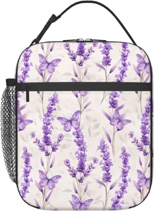 Reusable Lavender Lunch Box for Kids Girls Boys Women Adult, Insulated Floral Butterfly Lunch Bag,Polyester Cooler Flower Handbags Case for School Picnic Work Travel Beach or Hiking