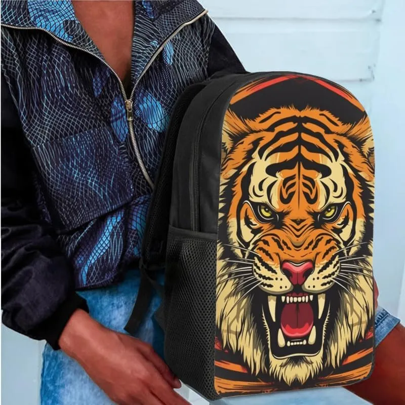 Roaring Tiger Hand Drawing Designed Boys Kids Teens Backpack Set Tiger Art Painting 3 Pcs Bags with Lunch Box and Pencil Case for School Sport Travel