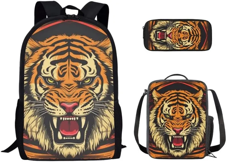 Roaring Tiger Hand Drawing Designed Boys Kids Teens Backpack Set Tiger Art Painting 3 Pcs Bags with Lunch Box and Pencil Case for School Sport Travel
