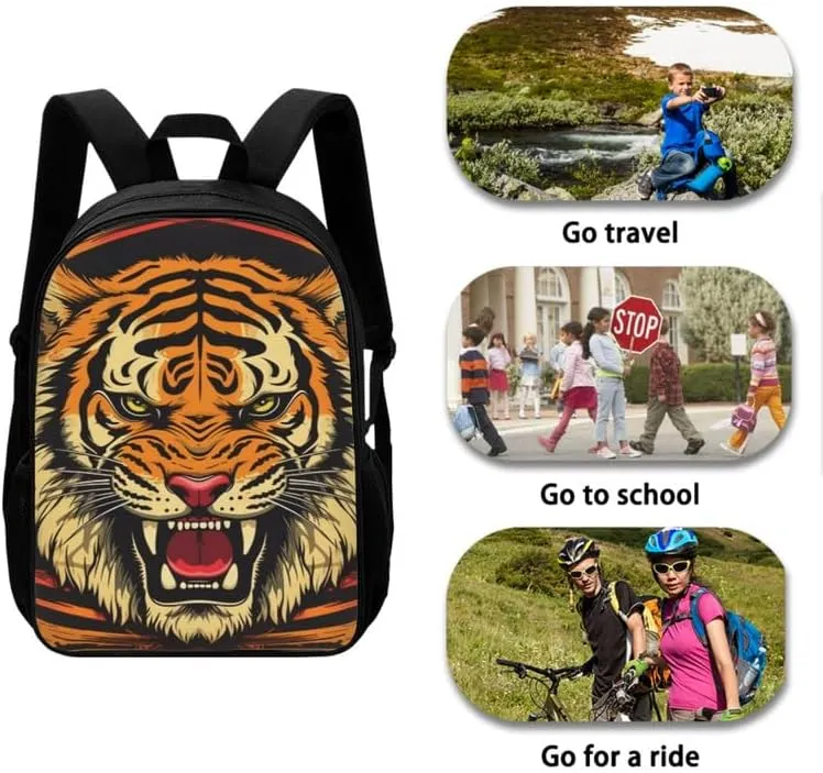 Roaring Tiger Hand Drawing Designed Boys Kids Teens Backpack Set Tiger Art Painting 3 Pcs Bags with Lunch Box and Pencil Case for School Sport Travel