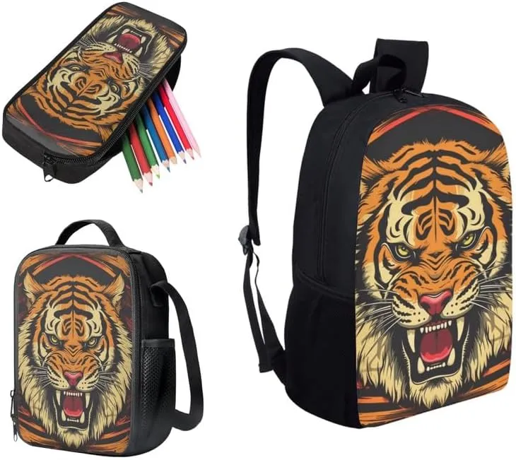 Roaring Tiger Hand Drawing Designed Boys Kids Teens Backpack Set Tiger Art Painting 3 Pcs Bags with Lunch Box and Pencil Case for School Sport Travel