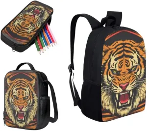 Roaring Tiger Hand Drawing Designed Boys Kids Teens Backpack Set Tiger Art Painting 3 Pcs Bags with Lunch Box and Pencil Case for School Sport Travel