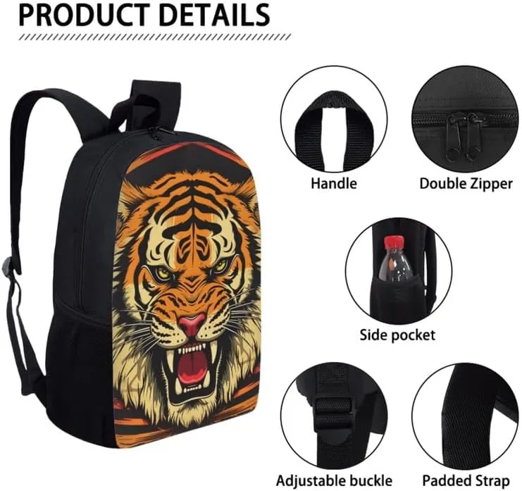Roaring Tiger Hand Drawing Designed Boys Kids Teens Backpack Set Tiger Art Painting 3 Pcs Bags with Lunch Box and Pencil Case for School Sport Travel