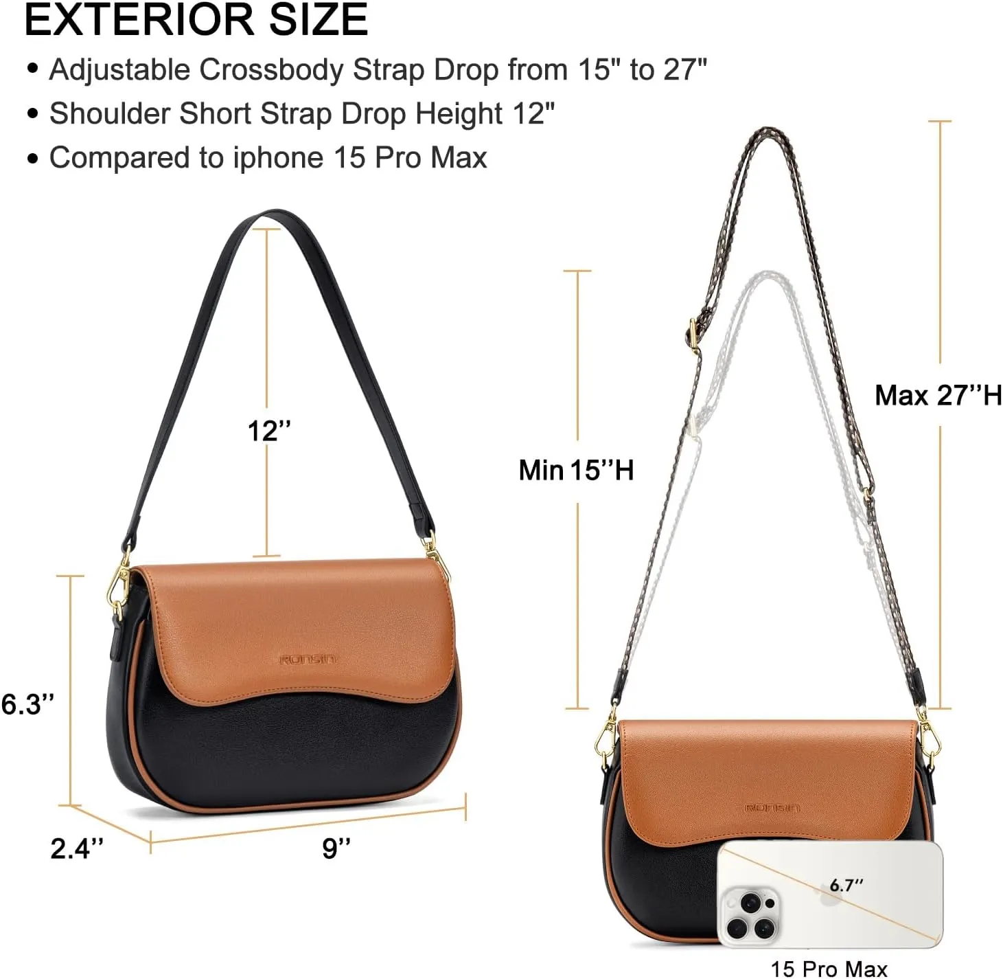 RONSIN Flap Saddle Bag for Women Crossbody Wallet Purse with RFID Card Saddle Purse Adjustable Strap Crossbody Bags