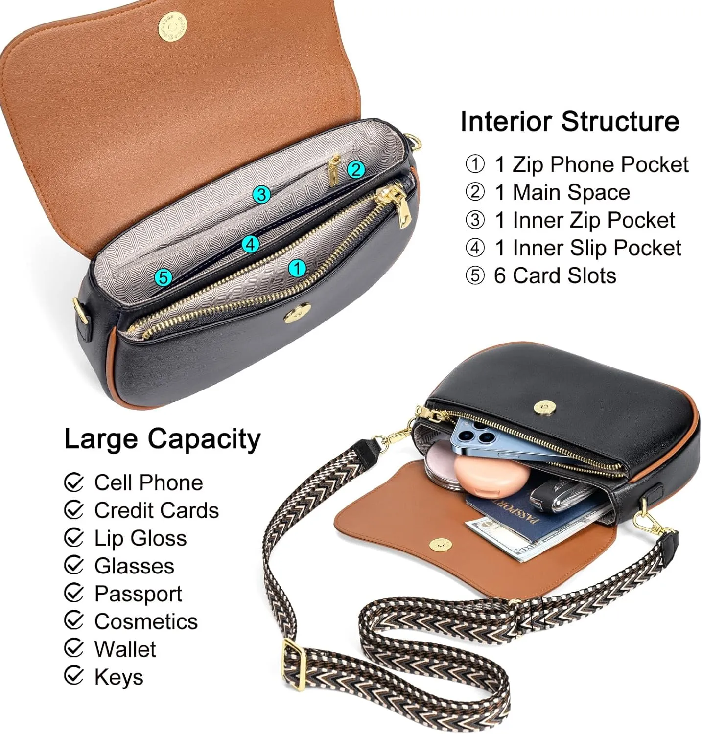 RONSIN Flap Saddle Bag for Women Crossbody Wallet Purse with RFID Card Saddle Purse Adjustable Strap Crossbody Bags