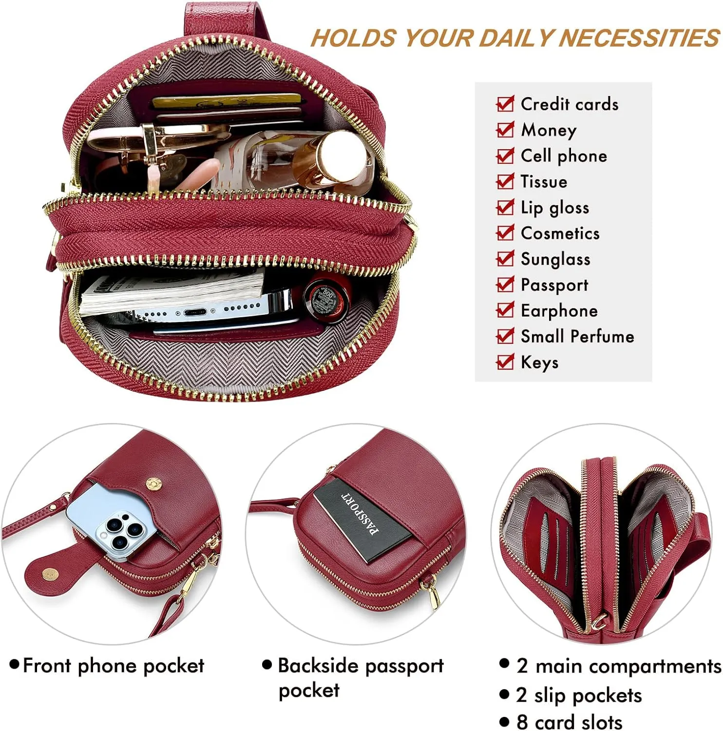 RONSIN Leather Small Crossbody Purse for Women Cell Phone Bag Holder Wallet Purse Travel Pouch Adjustable Strap