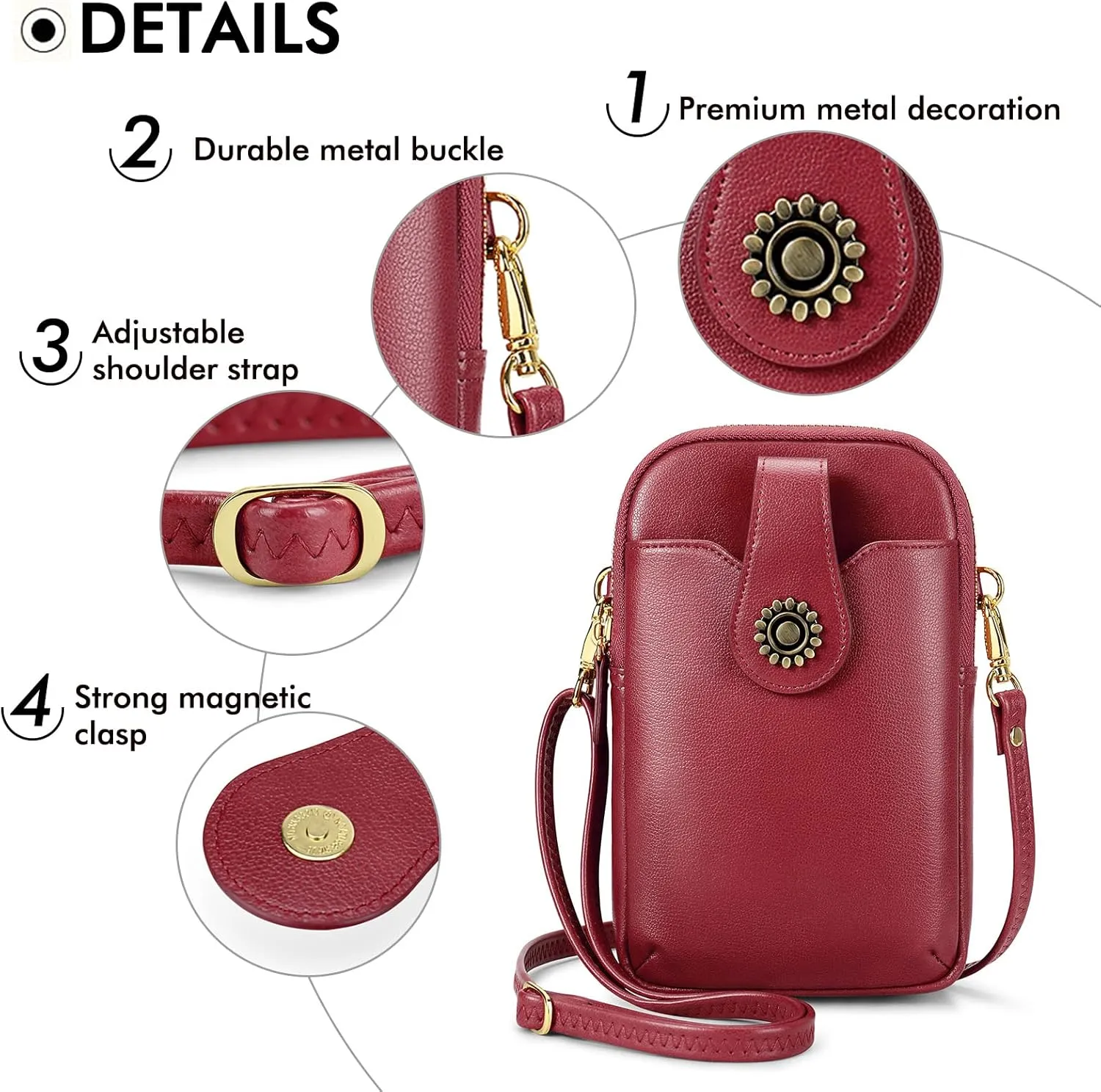 RONSIN Leather Small Crossbody Purse for Women Cell Phone Bag Holder Wallet Purse Travel Pouch Adjustable Strap