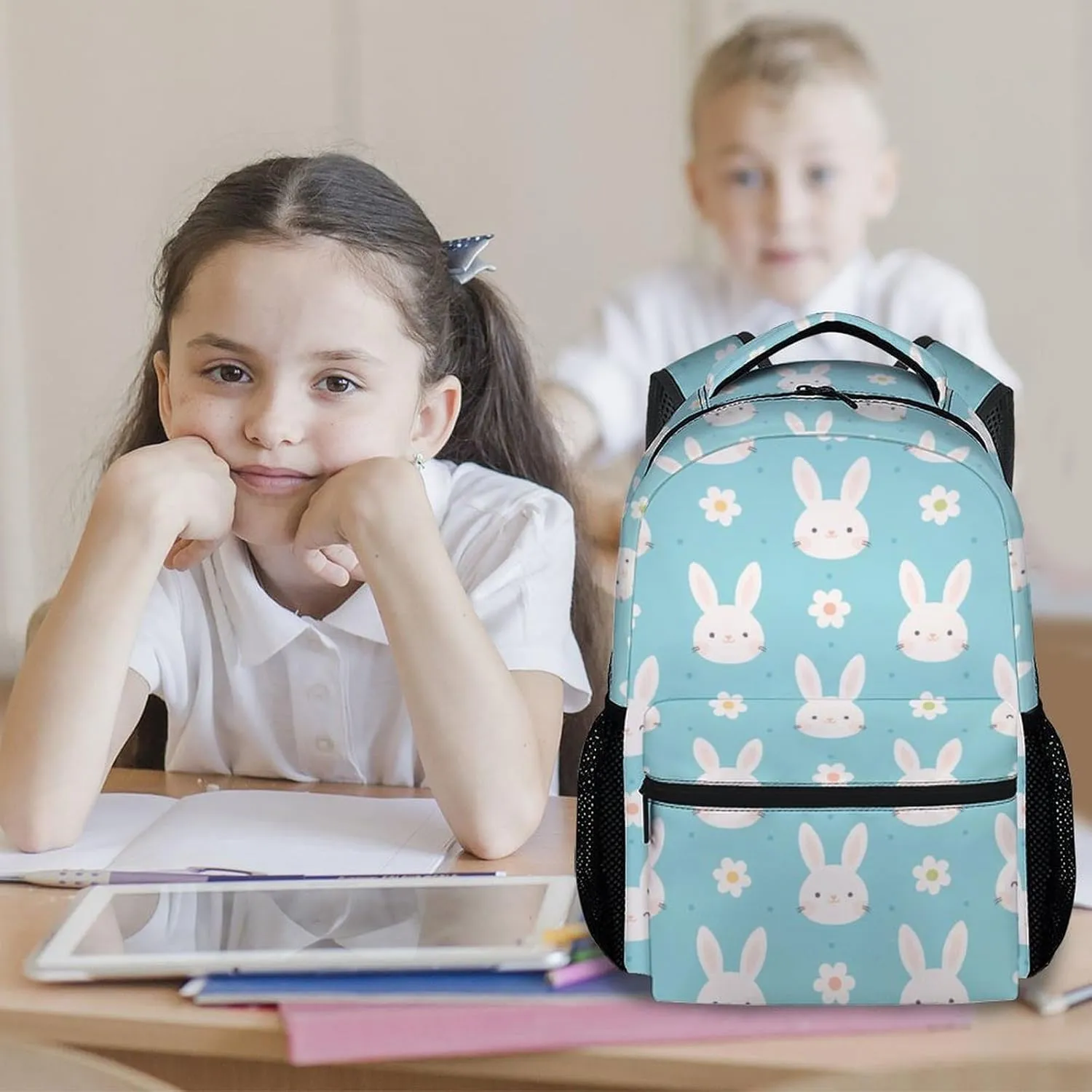 School Backpack for Girls - 17 Inch Large Capacity Aesthetic Kid Backpack - Cyan Durable Bunny Bookbag for School, Travel and Camp
