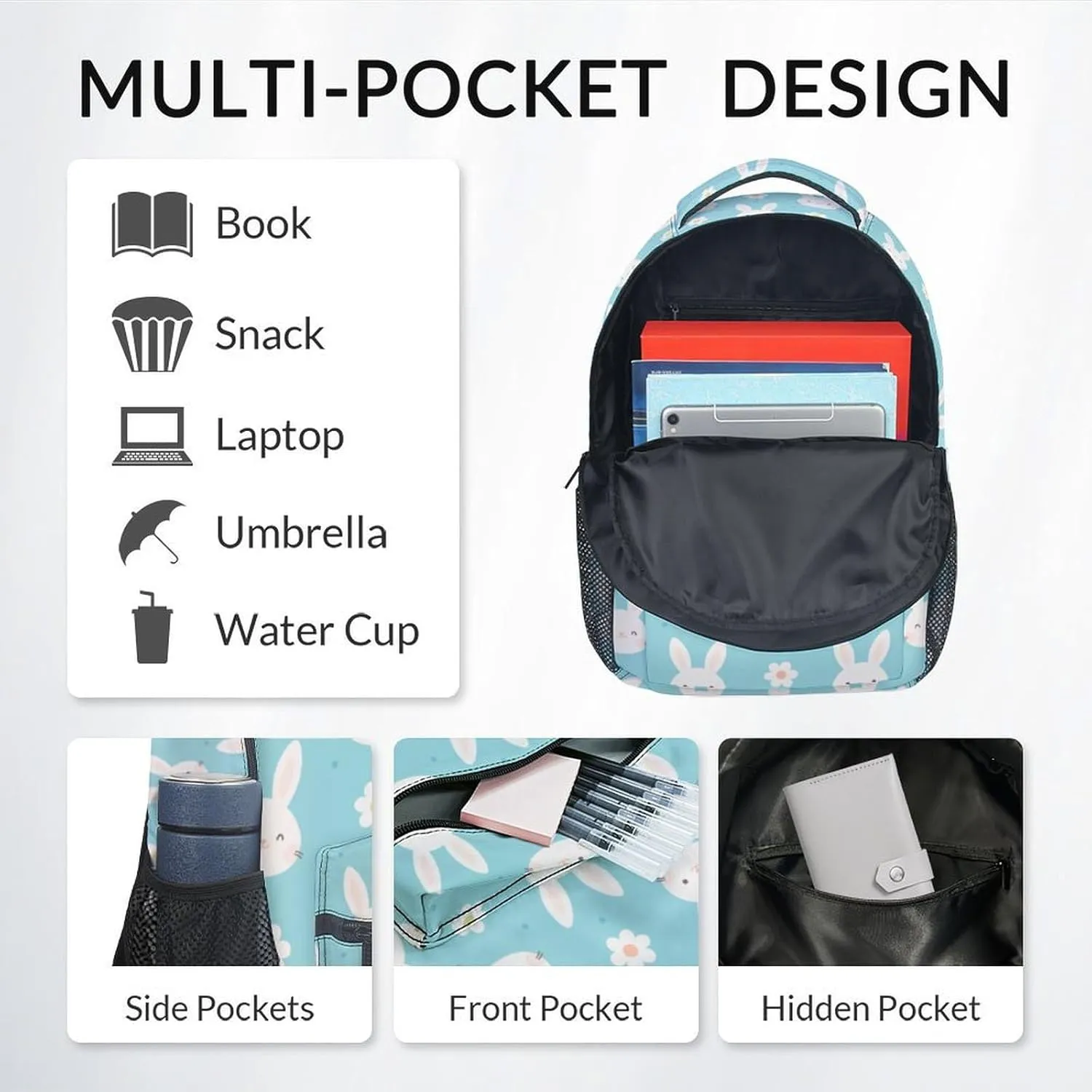 School Backpack for Girls - 17 Inch Large Capacity Aesthetic Kid Backpack - Cyan Durable Bunny Bookbag for School, Travel and Camp