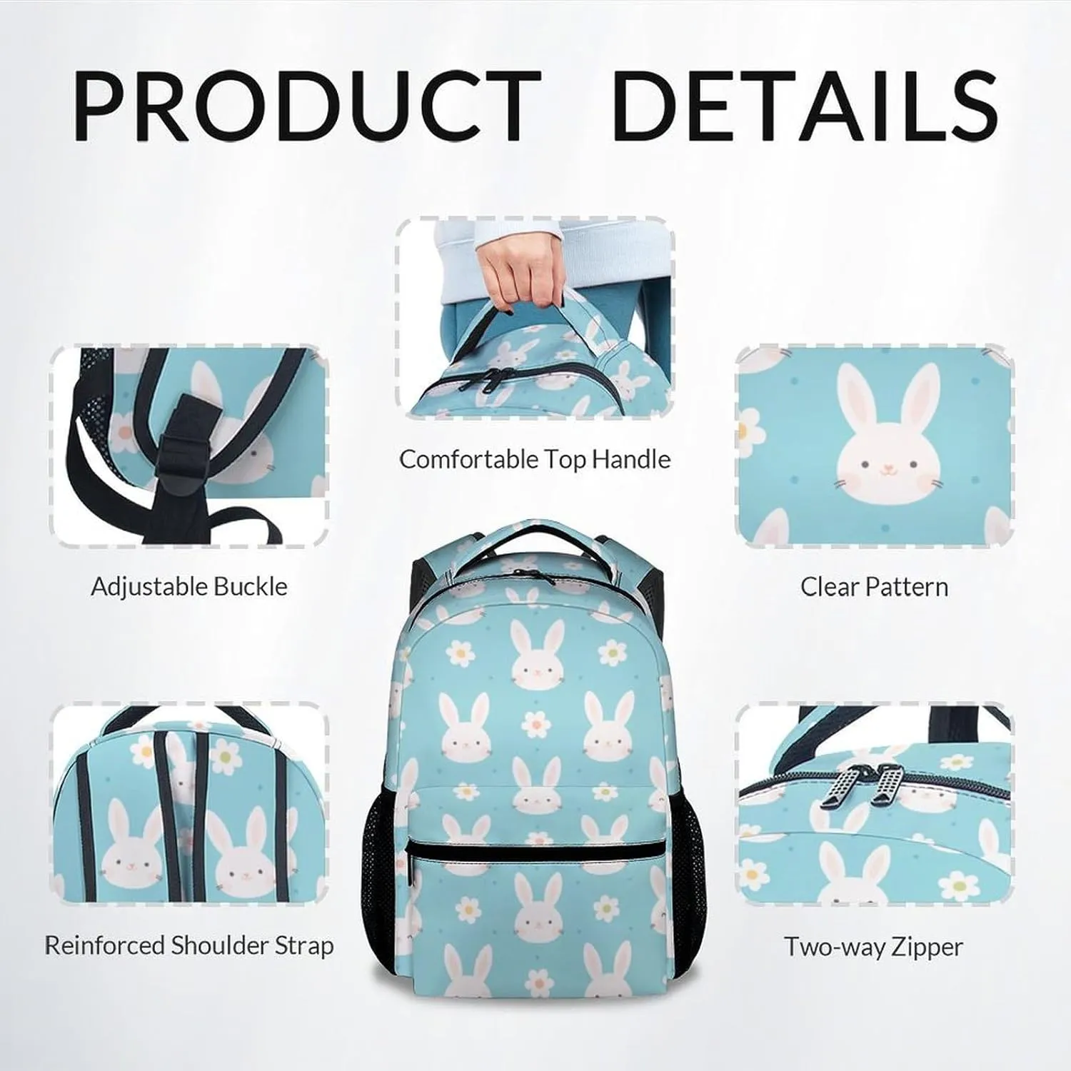 School Backpack for Girls - 17 Inch Large Capacity Aesthetic Kid Backpack - Cyan Durable Bunny Bookbag for School, Travel and Camp