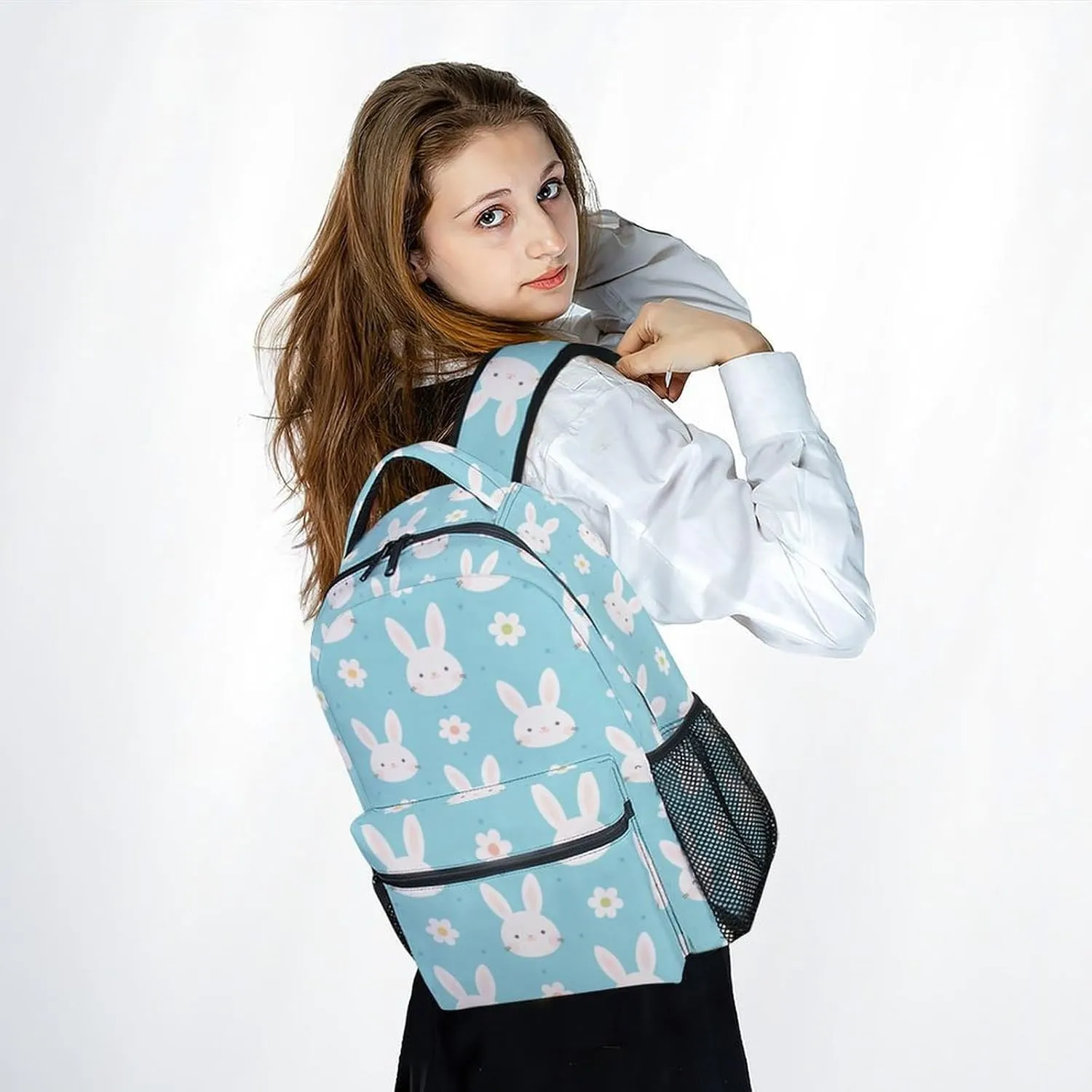 School Backpack for Girls - 17 Inch Large Capacity Aesthetic Kid Backpack - Cyan Durable Bunny Bookbag for School, Travel and Camp