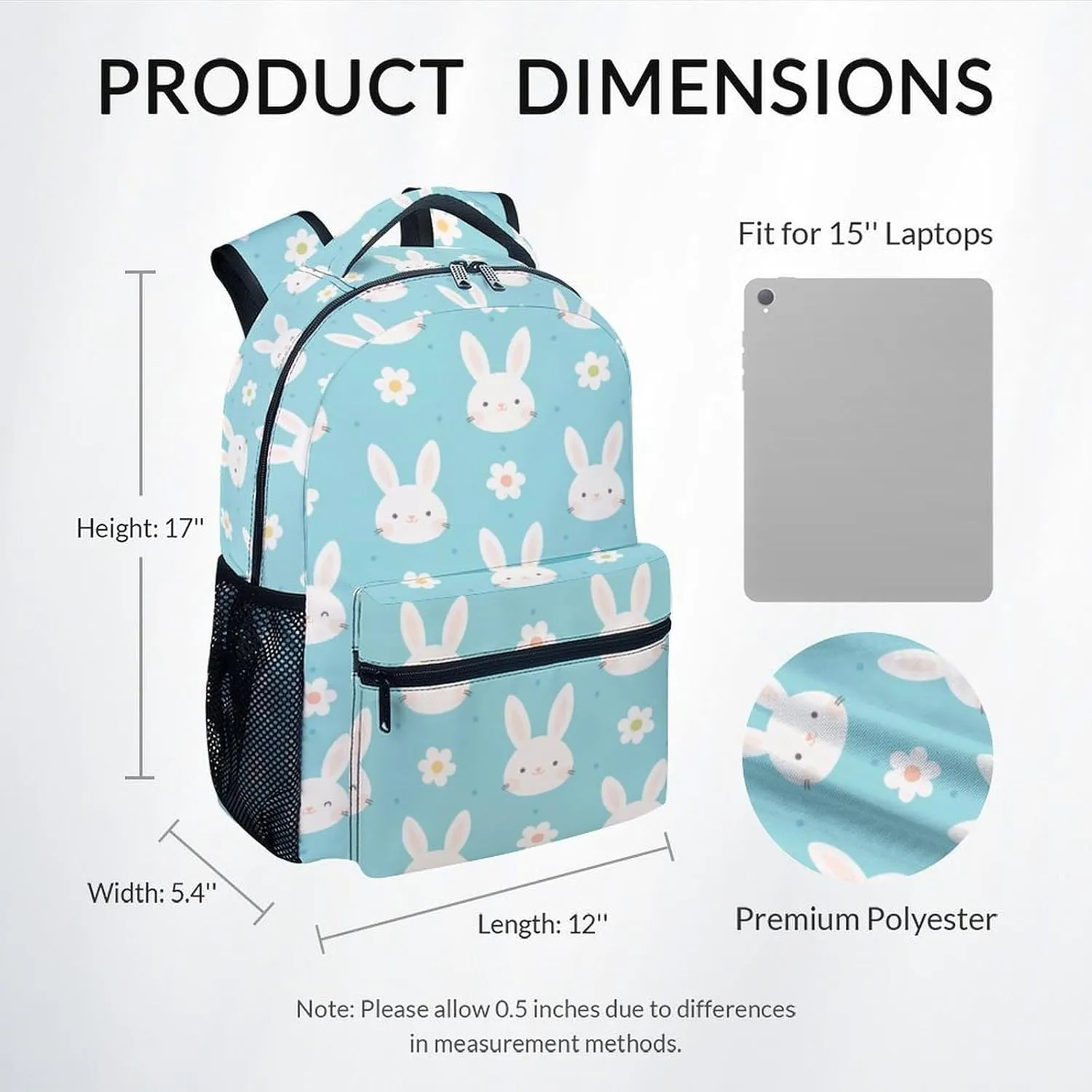 School Backpack for Girls - 17 Inch Large Capacity Aesthetic Kid Backpack - Cyan Durable Bunny Bookbag for School, Travel and Camp