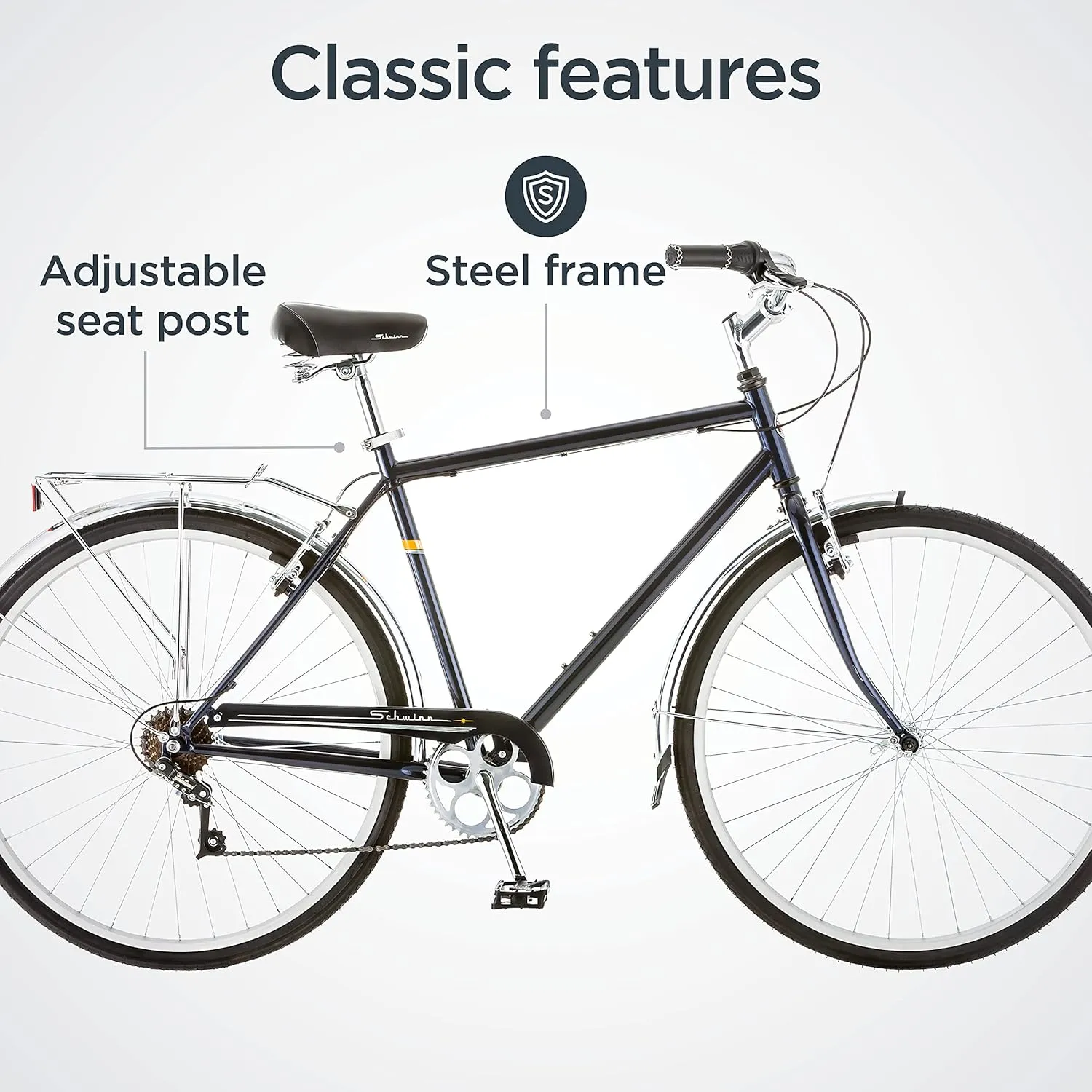 Schwinn Wayfarer Hybrid Bike, 700c Mens and Womens Bike, 7-Speed Hybrid Bicycle, Retro Steel Frame, Front and Rear Linear Pull Brakes, Fenders, Cargo Space, Adult Bicycle