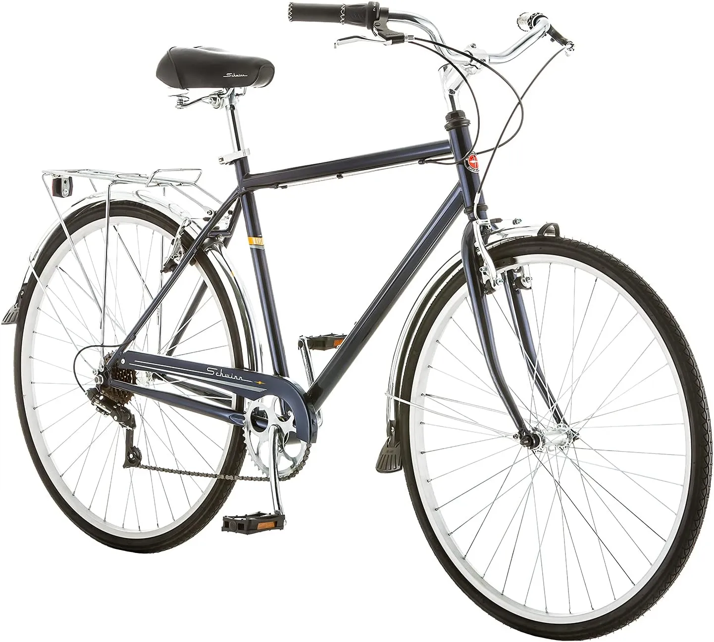 Schwinn Wayfarer Hybrid Bike, 700c Mens and Womens Bike, 7-Speed Hybrid Bicycle, Retro Steel Frame, Front and Rear Linear Pull Brakes, Fenders, Cargo Space, Adult Bicycle