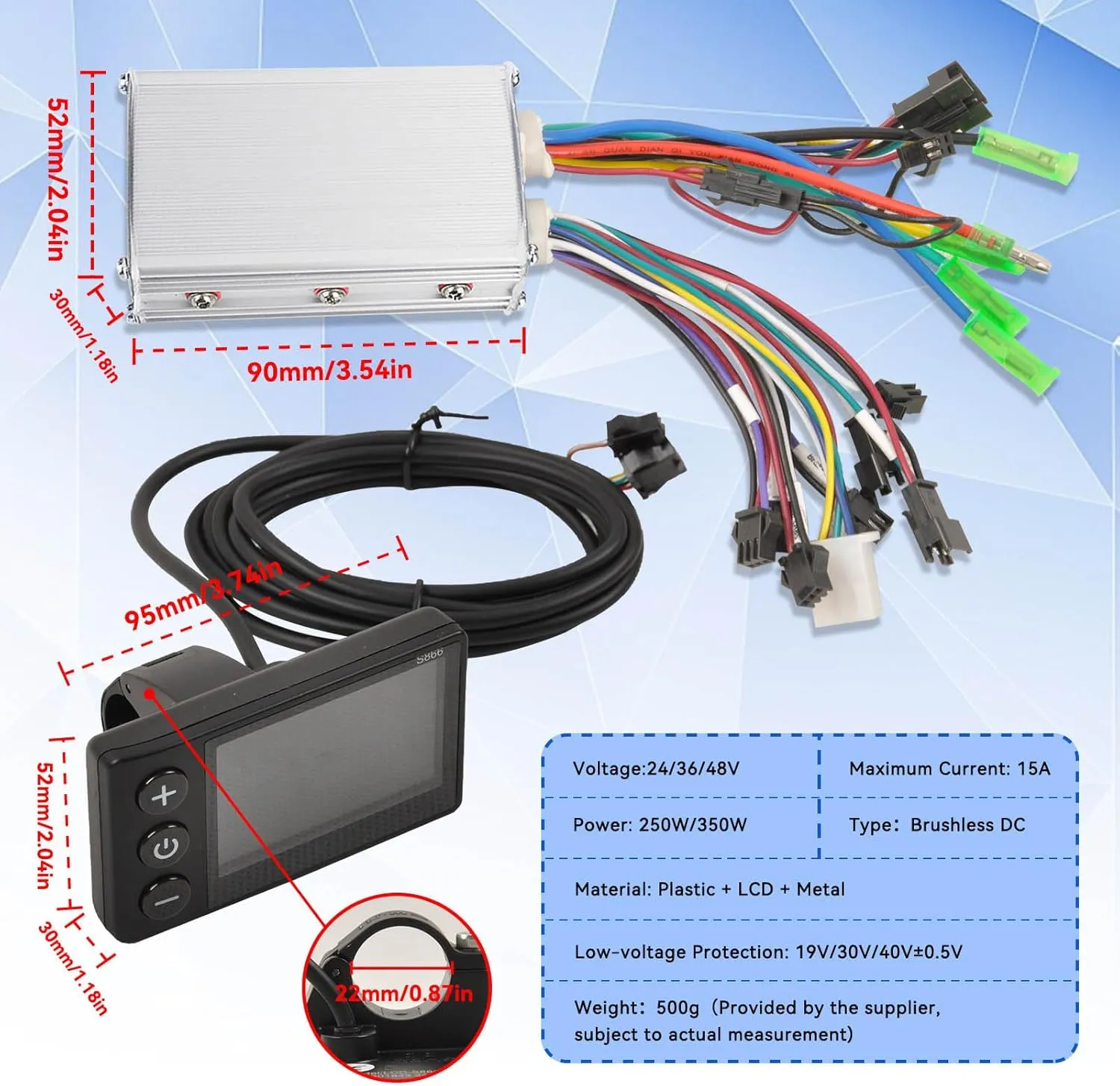 Scooter Motor Controller, 24V 36V 48V 250W 350W 15A Bike LCD Display Water Proof Motor Brushless Controller Kit for 22mm 0.87in Handlebar ElectricBicycles
