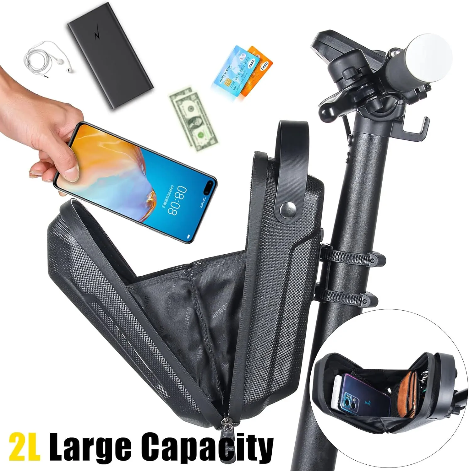Scooter Storage Bag, Quick Release 2L Capacity Scooter Handlebar Bag for Carrying Charger Tools Repair Tools with Waterproof Hardshell, Compatible with Scooters, Bikes, Segway Ninebot and NIU