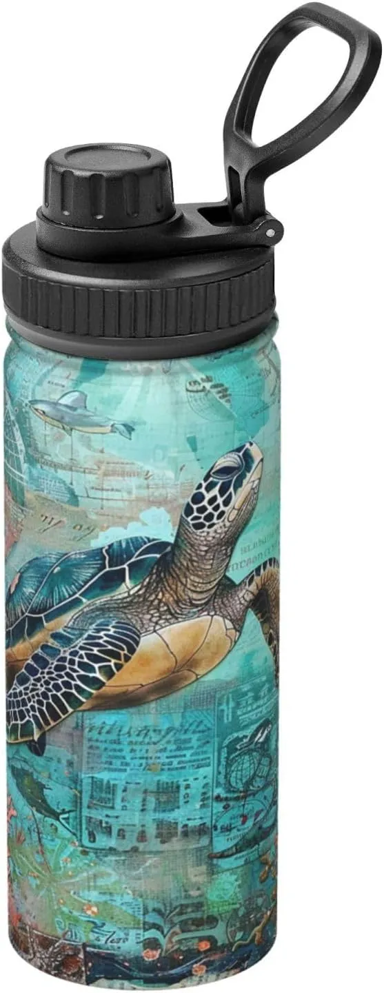 Sea Starfish Coral 18oz Vacuum Insulated Water Bottle with Spout Lid and Handle, Ocean Turtle Stainless Steel Thermal Water Jug, Leakproof Flask for Gym Hiking Travel Office