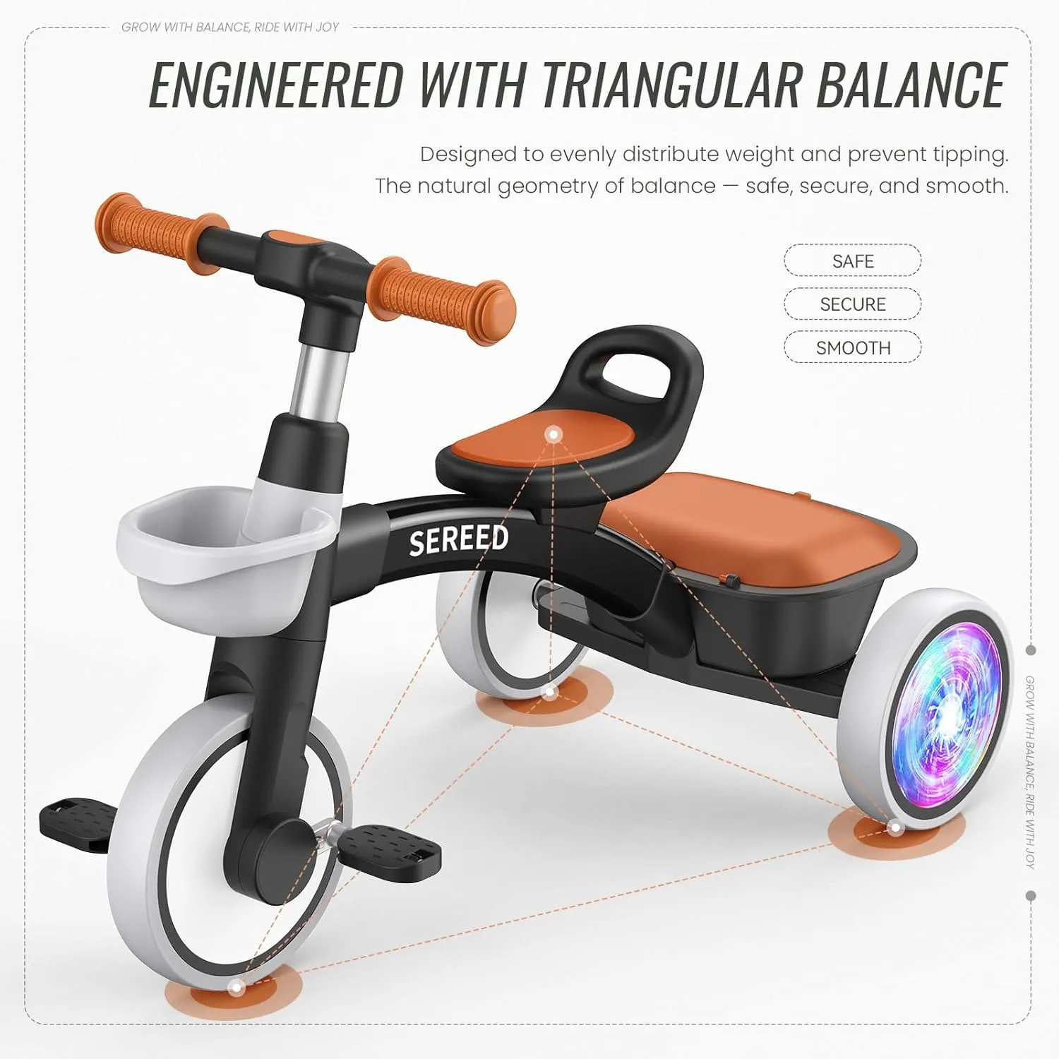 SEREED Colorful Lighting Toddler Tricycle for 2-5 Years Old Boys, Adjustable Seat&Handlebar Trike, Removable Basket, Birthday Gift Idea for Kids Ages 2  (Black)